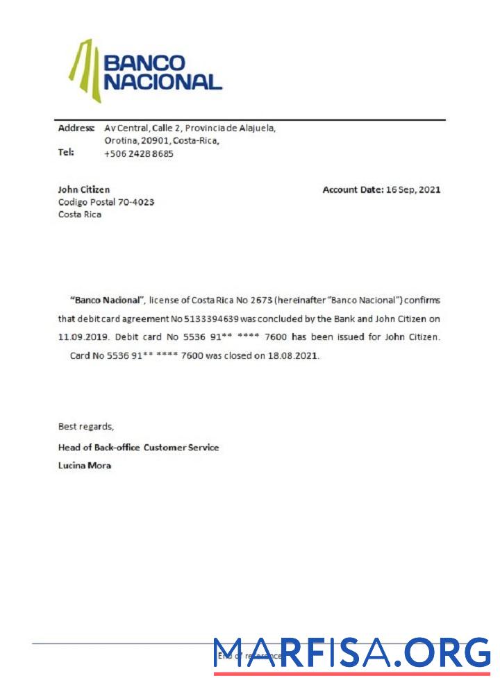 Printable Costa Rica Banco Nacional closure reference template
